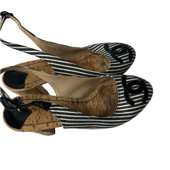 CHANEL Cruise 2008 Cork Striped CC Slingback Platform Heels Size 37 US 6.5 - Picture 3 of 9